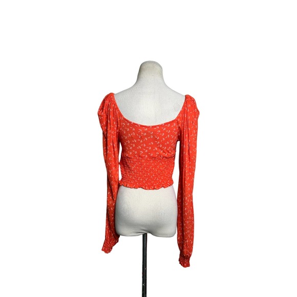 Urban Outfitters Floral Cropped Smocked Puff Long Sleeves Peasant Top size Large - Picture 10 of 11